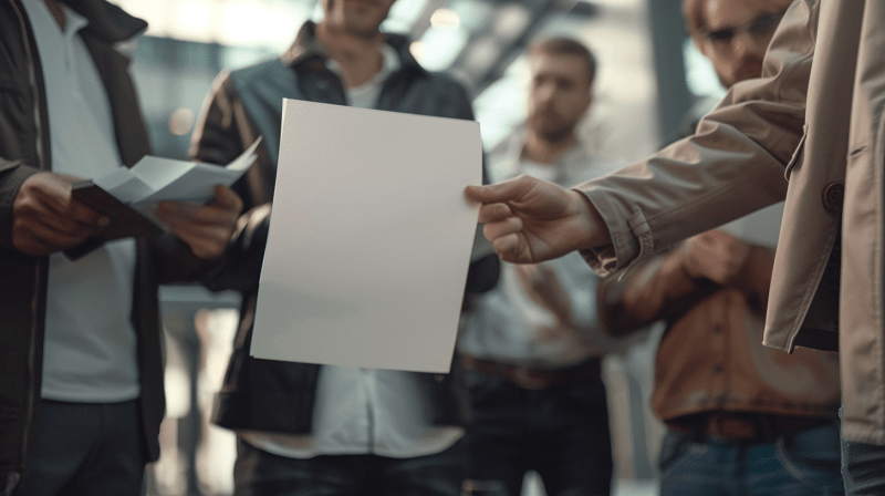 Group of people passing papers around discussing a trust