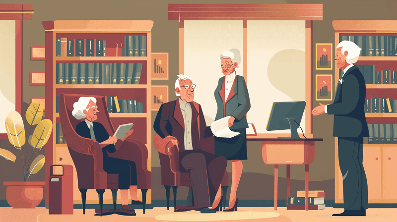 Lawyers discussing Estate plans with elderly couple