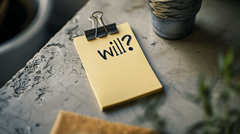 A yellow note pad with the word "will?" written on it in marker