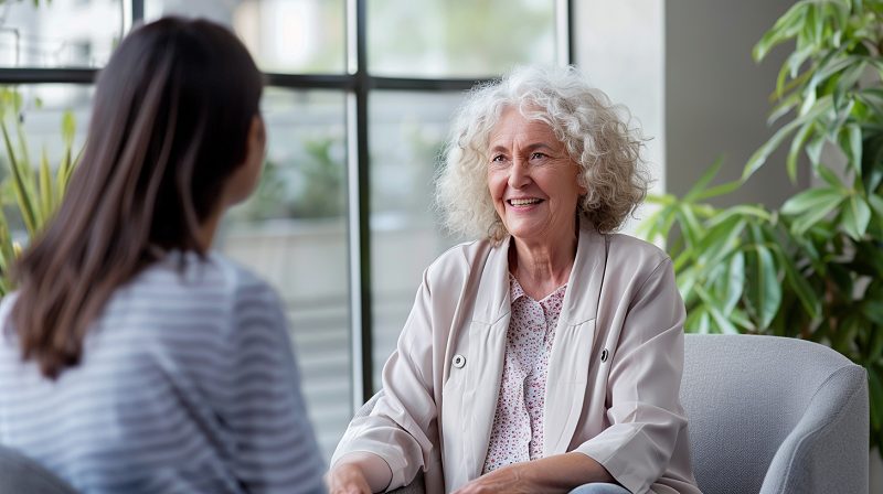 Elderly woman talking to medical professional, determining if she is mentally fit to grant power of attorney 